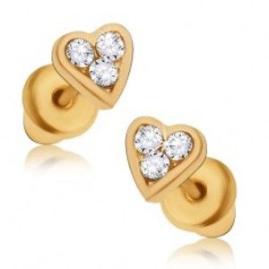 Šperky eshop - Puzetové náušnice zlatej farby, malé súmerné srdcia so zirkónmi S14.30