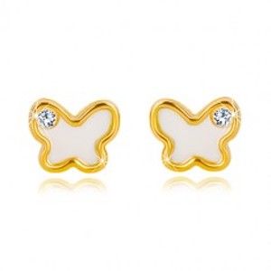 Šperky eshop - Puzetové náušnice zo 14K žltého zlata - motýlik s prírodnou perleťou a zirkónom GG19.10