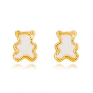Šperky eshop - Puzetové náušnice zo žltého 14K zlata s prírodnou perleťou - medvedík GG36.21