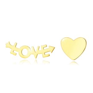 Puzetové náušnice zo žltého zlata 585 - srdce a nápis "LOVE"