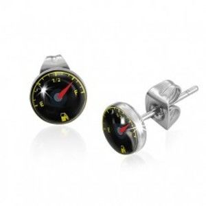 Šperky eshop - Puzetové oceľové náušnice, čierny palivomer s ručičkou S50.07