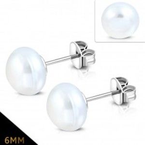 Šperky eshop - Puzetové oceľové náušnice s guličkami v podobe bielej perličky X26.11