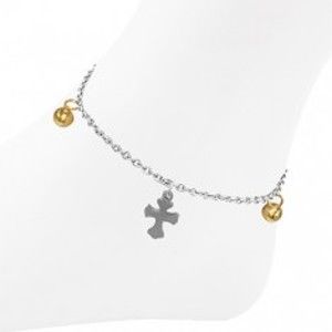 Šperky eshop - Retiazka z ocele na nohu s krížmi a guličkami v zlatej farbe AB2.20