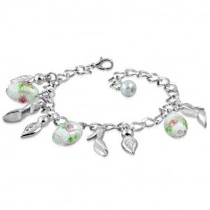 Šperky eshop - Retiazkový náramok s príveskami - lístky, lodičky, korálky s motívom ruže Z26.04