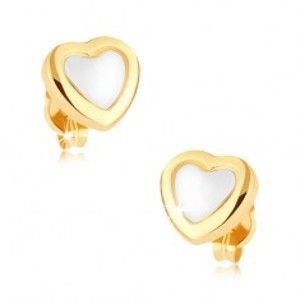 Šperky eshop - Ródiované náušnice v 9K zlate, srdce, lesklá žltá kontúra, biely stred GG38.06