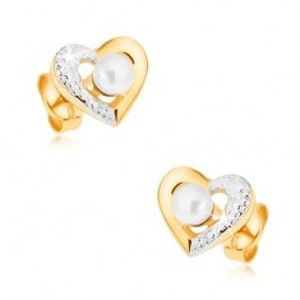 Šperky eshop - Ródiované náušnice z 9K zlata - dvojfarebná kontúra srdca, biela perla GG35.04