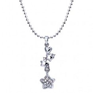 Šperky eshop - Ródiovaný náhrdelník - lesklé guličky, srdce, hviezdy so zirkónmi AA48.06