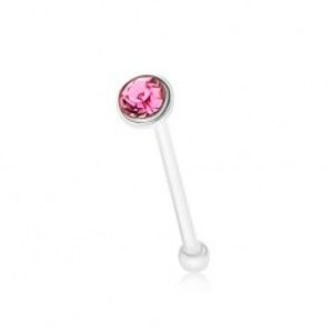 Šperky eshop - Rovný piercing do nosa, striebro 925, okrúhly ružový zirkónik PC05.40