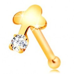 Šperky eshop - Rovný piercing do nosa v žltom 14K zlate, číry zirkón a lesklý krížik GG206.07