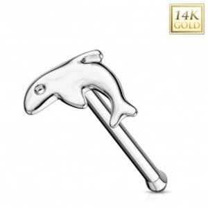 Šperky eshop - Rovný piercing do nosa z bieleho zlata 585 - malý lesklý delfín GG220.02