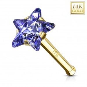 Šperky eshop - Rovný zlatý 585 piercing do nosa - zirkónová hviezda v modrofialovom odtieni GG221.22