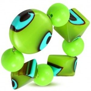Šperky eshop - Rozťahovací náramok - zelené guľôčky, korálky z mliečneho skla, tyrkysovo-hnedé očká SP94.26