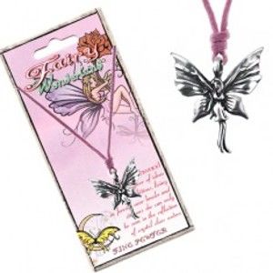 Šperky eshop - Ružová šnúrka na krk a kovový prívesok stojacej motýlej víly AC3.11