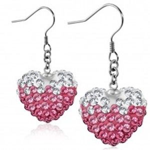 Šperky eshop - Ružovo-biele oceľové náušnice, ligotavé srdce s čírymi a ružovými zirkónmi, háčiky S26.28