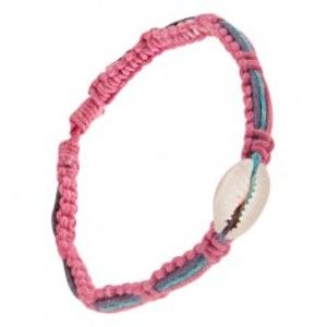 Šperky eshop - Ružový pletenec s ulitou, fialová, modrá a ružová šnúrka S12.02