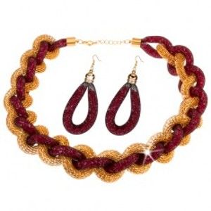 Šperky eshop - Sada - náhrdelník, náušnice, zapletená reťaz, sieťka, ružové korálky X41.20