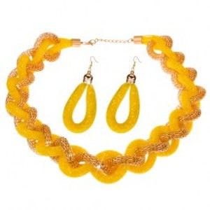 Šperky eshop - Sada náhrdelníka a náušníc, masívna pletená reťaz, žltá sieťka - korálky X41.19