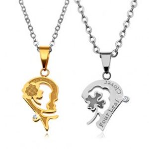 Šperky eshop - Sada náhrdelníkov z ocele 316L, srdiečkové prívesky so štvorlístkami a nápismi AB32.24