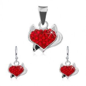 Šperky eshop - Sada náušníc a prívesku zo striebra 925, červené zirkónové srdce, rožky a čierny chvost AC22.22