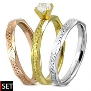 Šperky eshop - Sada prsteňov z nehrdzavejúcej ocele - strieborná, medená a zlatá farba, zirkón L16.06 - Veľkosť: 57 mm