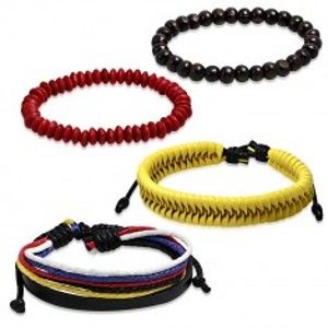 Šperky eshop - Sada štyroch náramkov - žltý pletenec, čierny pás so šnúrkami, hnedé a červené korálky SP21.31