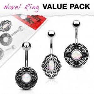Šperky eshop - Sada troch oceľových piercingov do brucha, imitácia opálov, ornamenty, patina AB12.13