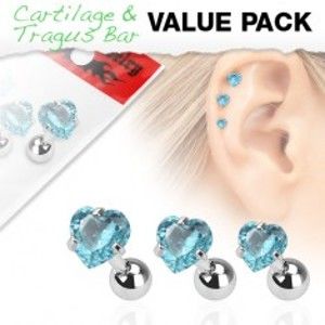Šperky eshop - Sada troch oceľových piercingov do ucha, akvamarínový zirkón - srdce S50.22