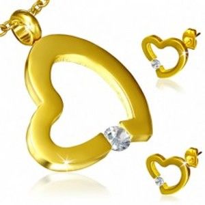 Šperky eshop - Sada z ocele zlatej farby - náušnice a prívesok, nepravidelný obrys srdca, zirkón  S31.06