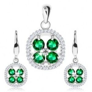 Šperky eshop - Sada zo striebra 925, náušnice, prívesok, zelený zirkónový kvet, číry lem SP95.19