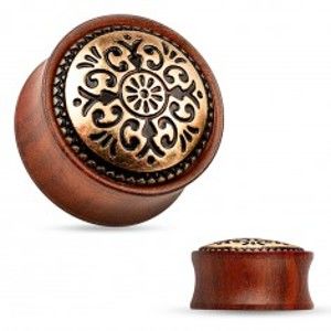 Šperky eshop - Sedlový plug do ucha z dreva mahagónovej farby, vyrezávaný kruh PC26.18/25 - Hrúbka: 6 mm 