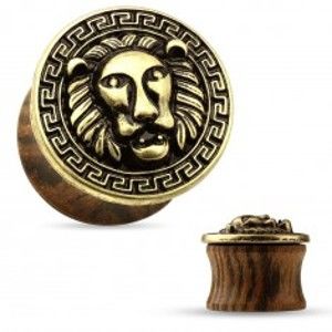Šperky eshop - Sedlový plug do ucha z dreva tmavohnedej farby, patinovaná levia hlava I43.02/05 - Hrúbka: 8 mm