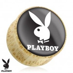 Šperky eshop - Sedlový plug do ucha z prírodného dreva, zajačik Playboy, čierny podklad S1.10 - Hrúbka: 12 mm