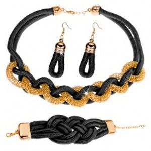 Šperky eshop - Set - náhrdelník, náušnice, náramok, splietané šnúrky, zlato-čierna farba X41.16