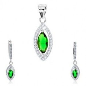 Šperky eshop - Set, striebro 925, náušnice a prívesok, zelené zirkónové zrnko, trblietavý lem SP78.12