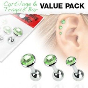 Šperky eshop - Set troch oceľových piercingov do ucha, okrúhle zelené kamienky SP04.18