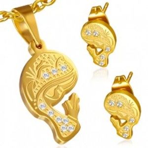 Šperky eshop - Set z ocele zlatej farby - prívesok a náušnice, modliaca sa Madona, zirkóny S31.31