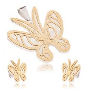Šperky eshop - Set z ocele zlato-striebornej farby, prívesok a náušnice, pieskovaný motýľ S45.31