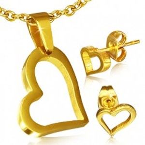 Šperky eshop - Set zlatej farby z chirurgickej ocele - náušnice a prívesok, nepravidelný obrys srdca S38.11