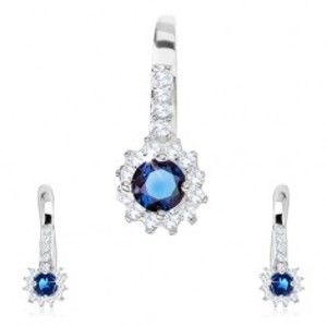 Šperky eshop - Set zo striebra 925, náušnice a prívesok, slnko - modrý okrúhly zirkón, číry lem SP81.03
