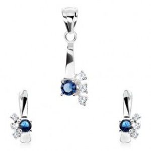 Šperky eshop - Set zo striebra 925, prívesok, náušnice, modrý zirkón, tri číre zirkóniky SP77.02