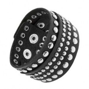 Šperky eshop - Široký náramok z čiernej umelej kože, vybíjaný lesklými okrúhlymi nitmi Y45.13