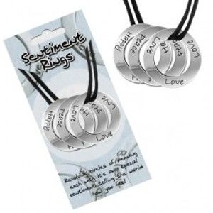 Šperky eshop - Šnúrka na krk čiernej farby s tromi obrúčkami "Love, Peace, Happy" AC12.24