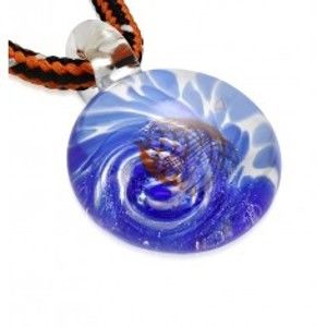 Šperky eshop - Šnúrkový náhrdelník - farbené sklo so špirálou modrej farby, oranžové vlnky Z25.15