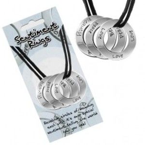 Šperky eshop - Šnúrkový náhrdelník - kolieska s nápismi "Love, Peace, Beauty" AC12.23