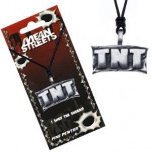 Šperky eshop - Šnúrkový náhrdelník, kovový prívesok - tabuľa s nápisom "TNT" S1.16