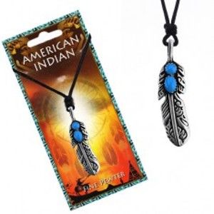 Šperky eshop - Šnúrkový náhrdelník s indiánskym pierkom a modrými očkami P2.15