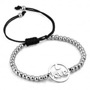 Šperky eshop - Šnúrkový náramok čiernej farby - kruh s nápisom "love", srdiečko, guľôčky S33.12