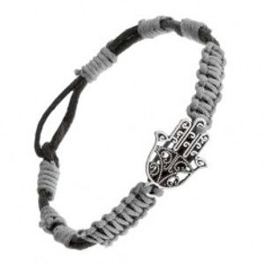Šperky eshop - Šnúrkový náramok čiernosivej farby s príveskom ruka Fatimy, nastaviteľný SP50.12