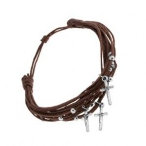 Šperky eshop - Šnúrkový náramok čokoládovo hnedej farby, guličky a krížiky z ocele U26.11