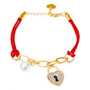 Šperky eshop - Šnúrkový náramok, retiazka, dva prívesky - gulička, zámka - srdce, zirkóny X48.5